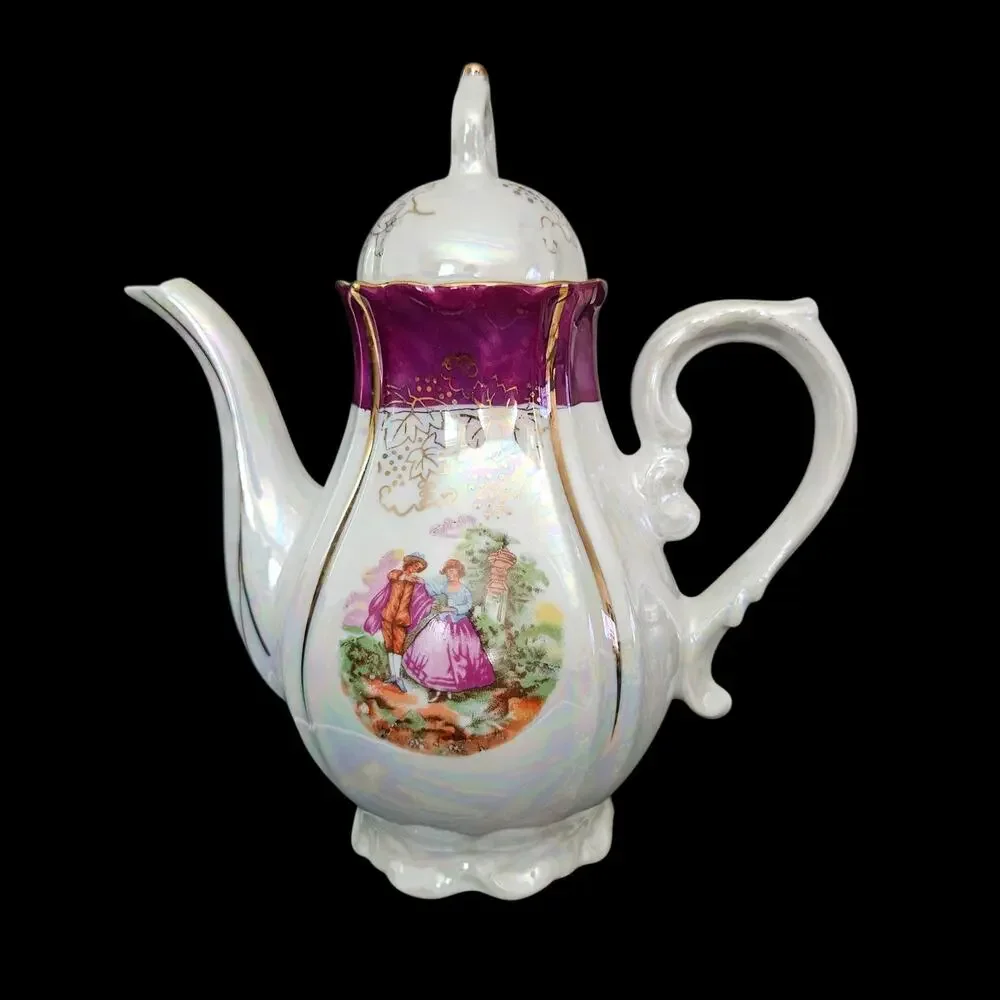 Vintage 13 Pc Japanese Lusterware Tea Set Purple Trim Courting Scene Porcelain